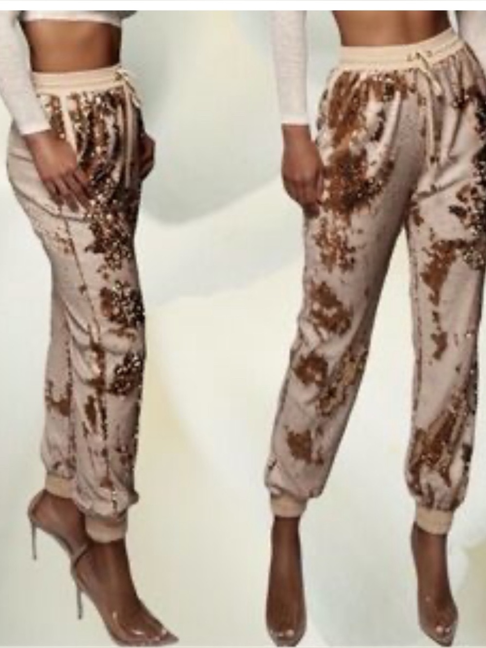 JLUXLABEL Cream Jogger Pants with Gold Sequin Accents